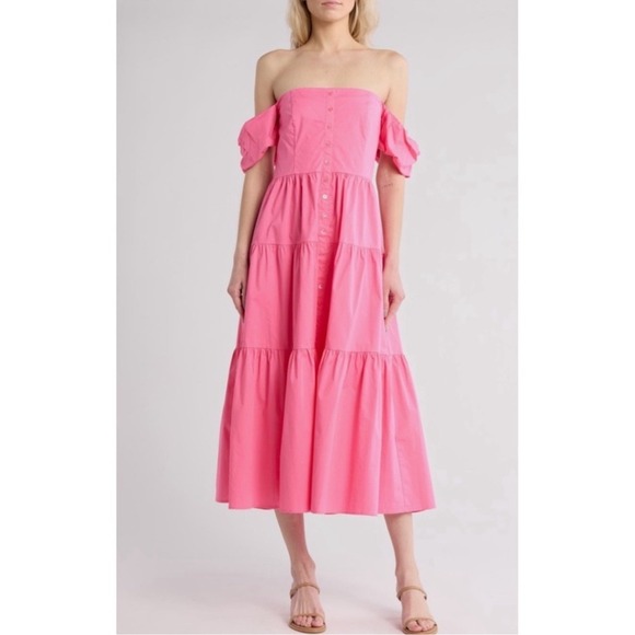 STAUD Dresses & Skirts - STAUD Elio Button Down Off the Shoulder Midi Dress in Pink Plumeria Size 6